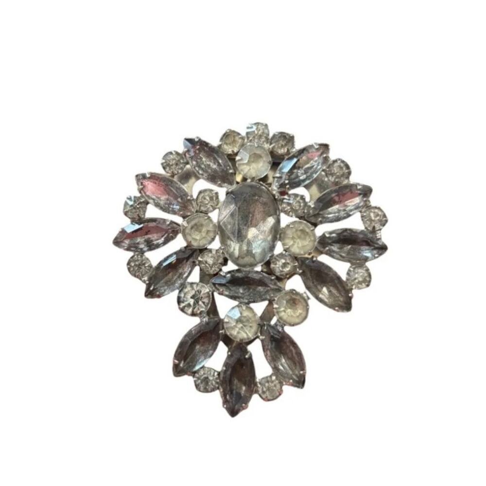 Vintage Smoky Gray Clear Rhinestone Dress Clip Silver Tone Statement Mid Century